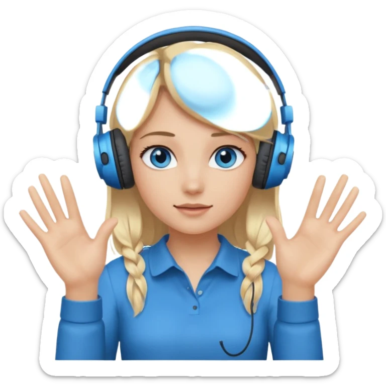 girl with blonde hair and blue eys, having on ears heaphones, with heands telling what  sticker