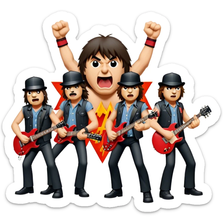 Cinematic Realistic AC/DC Band Emoji, depicted as a high-energy rock ensemble with electrifying stage presence and gritty textures, rendered with bold vibrant lighting that captures the raw power and rebellious spirit of their music. sticker