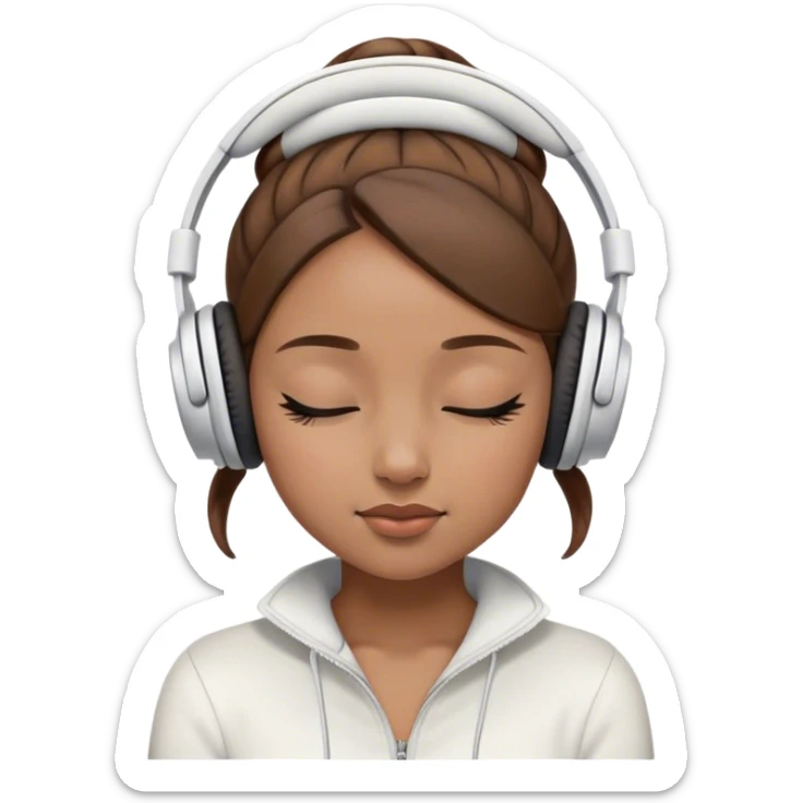 Light brown skin girl, brown hair in bun, eyes closed, white headphones on listing to music sticker