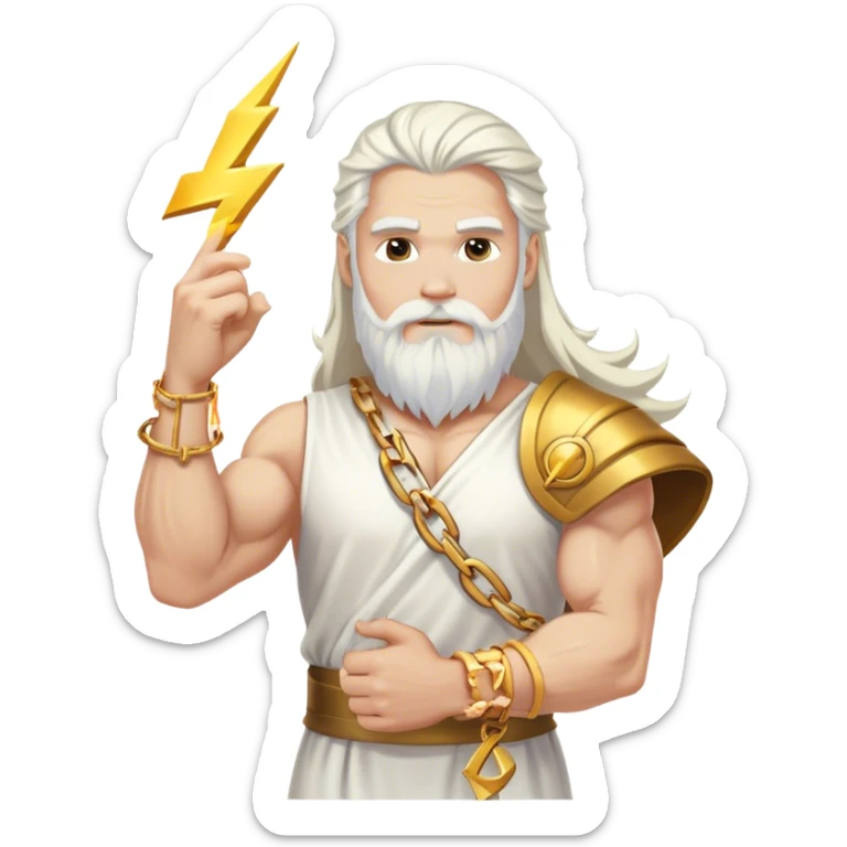 Muscular white colored long hair and white beard man white dress gold bracelet holding a lightning sticker