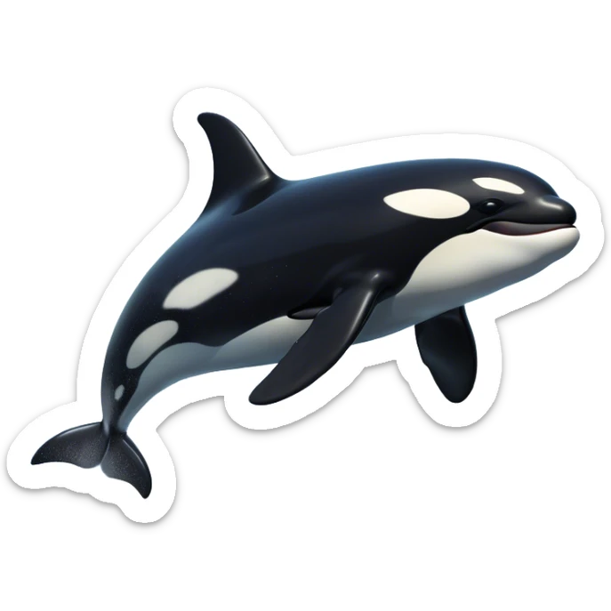 Meme-Worthy Breaching orca Portrait Emoji, Bursting powerfully out of the ocean with an impressive, high-energy leap, showcasing a sleek black-and-white body glistening with water droplets and dynamic, arched posture, Simplified yet exhilaratingly expressive features, highly detailed, glowing with a vibrant marine energy, high shine, bold and full of life, stylized with an air of untamed ocean spirit, soft glowing outline, capturing the essence of an orca mid-breach, radiating pure, unstoppable aquatic power! sticker
