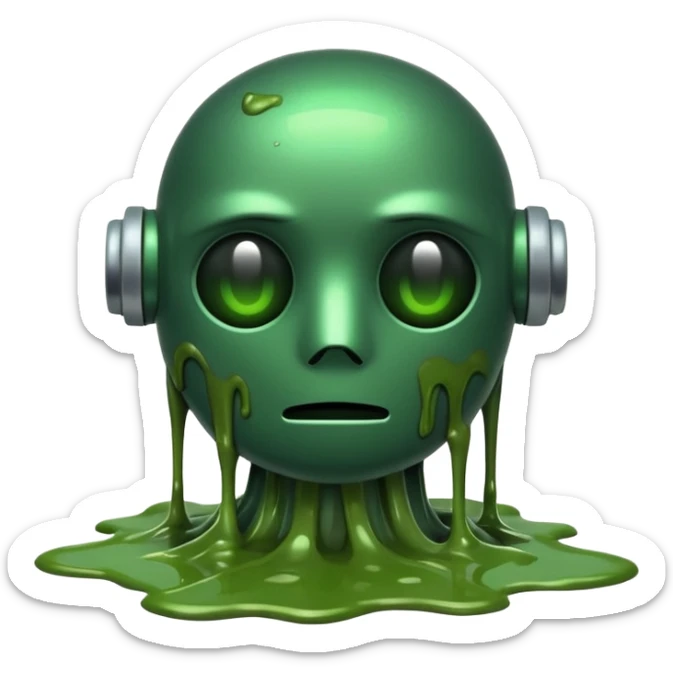 An emoji of a green robot melting away covered in thick green sludge sad and depressed  sticker