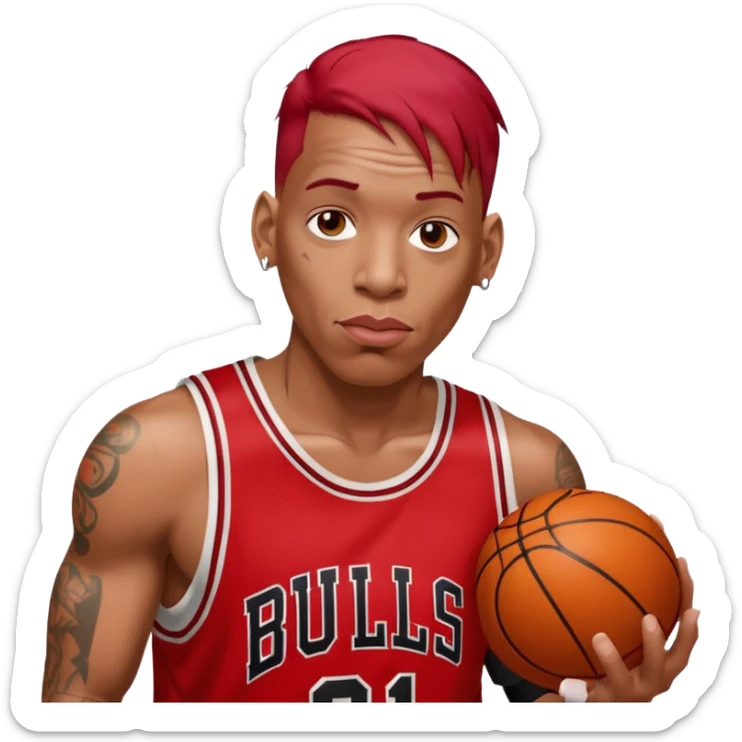 Dennis Rodman with a basketball and “91 “Chicago bull.with a very short red hair sticker
