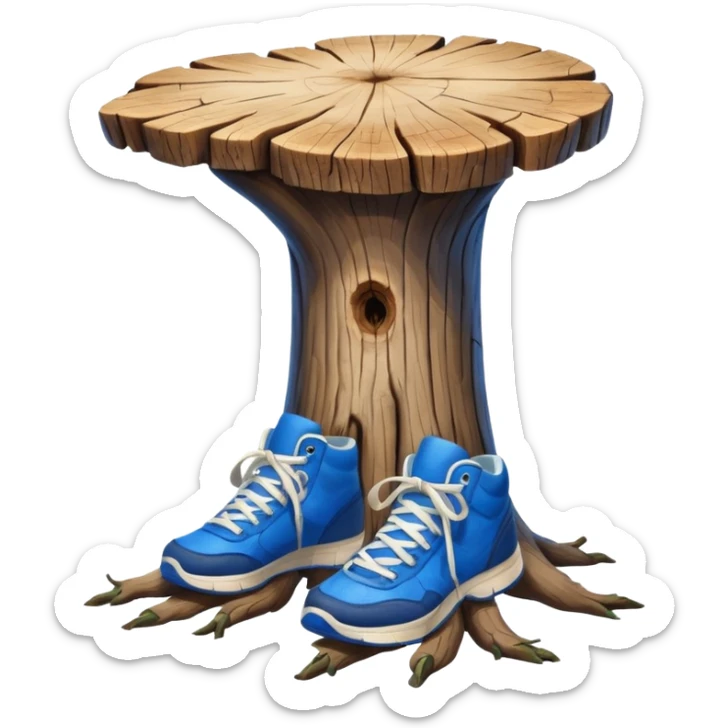 unsettling wooden stump with arms, legs, and blue sneakers sticker