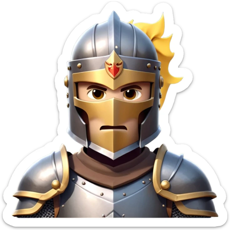 clash-of-clans-aesthetic_-cinematic-fearsome-and-majestic-knight-bust-portrait-emoji, rendered in a flat, vector-style with minimal shading and bold, simplified shapes, depicting a battle-ready medieval knight with steely eyes and intricate armor, mounted on a warhorse reflecting sunlight over a misty battlefield. sticker