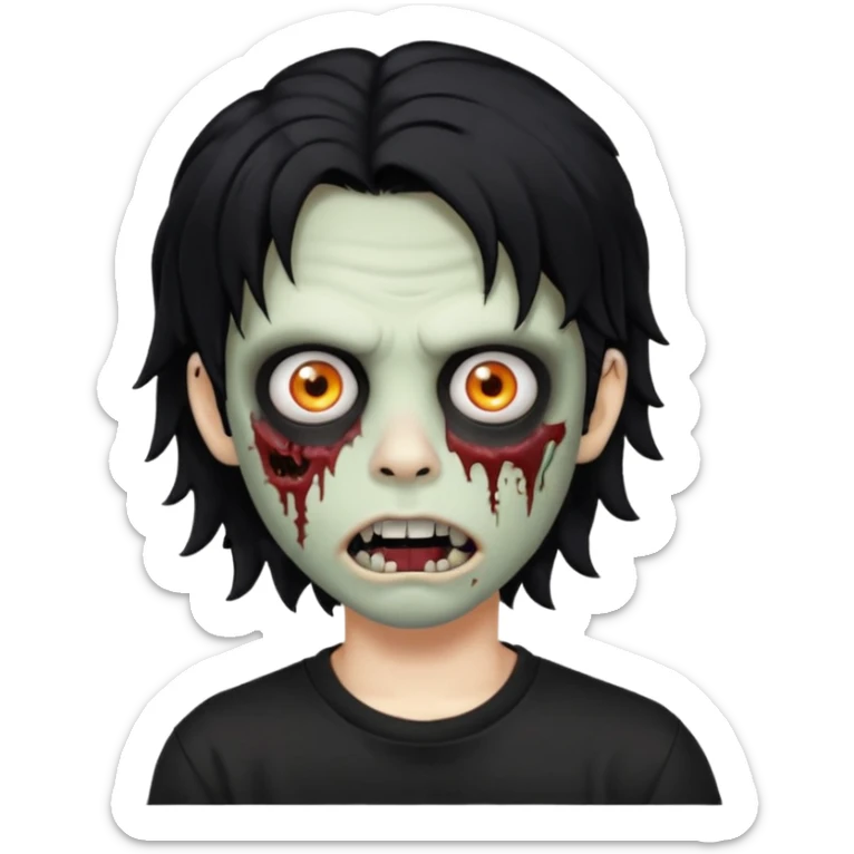 a boy with wavy hair, a zombie-shaped mouth piercing hum, and black hair with a black shirt too, and medium-length, wavy black hair, almost shoulder-length, with a lip piercing. with white skin sticker