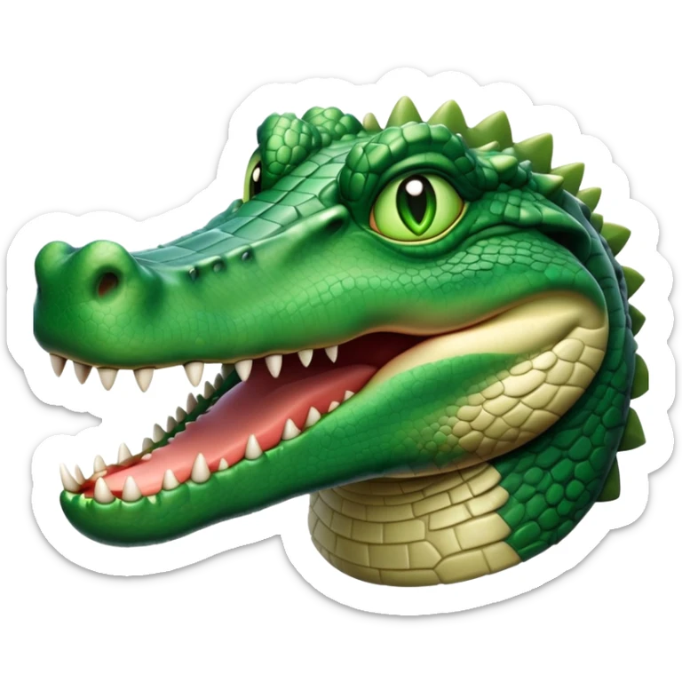 cinematic-noble-crocodile-portrait-emoji,-poised-and-regal,-with-a-powerful,-elongated-build-and-a-rugged,-scaly-emerald-green-hide,-piercing-cold-eyes,-simplified-yet-sharp-and-sophisticated-features,-highly-detailed,-glowing, head held high sticker