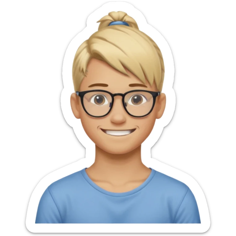 blond hair teen boy pony tail undercut with tattoo on his neck, wearing glasses, strong built, smile warmly  sticker