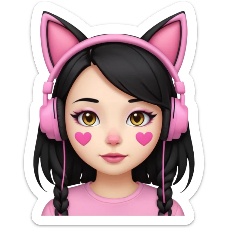 “Emoji girl, pastel pink streaks in thick long black hair hair, bold winged eyeliner, heavy blush on cheeks and nose bridge, under-eye hearts, glossy pink lips, playful smirk and gaming headphones and cat ears.” sticker