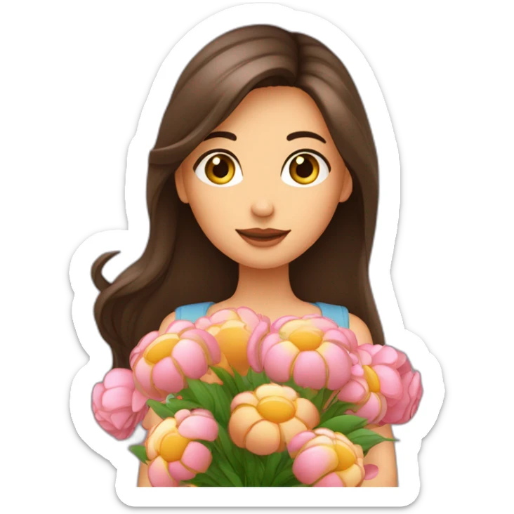 Fille brune aux cheveux longs, avec des yeux marrons foncés, avec un bouquet de fleurs dans les mains sticker