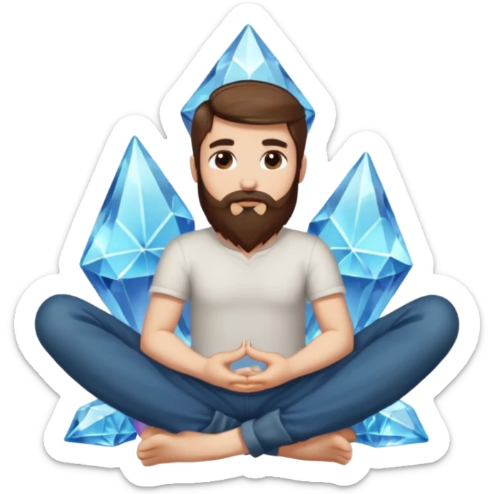 full body man long brown hair brown eyes medium beard white skin sitting cross-legged growing crystals from ground sticker