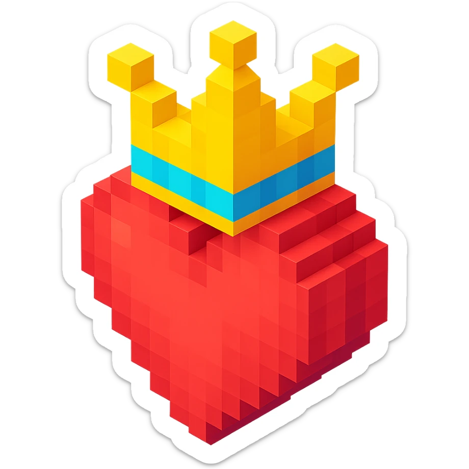 heart with a crown, voxel style, simple, blocky, colorful sticker
