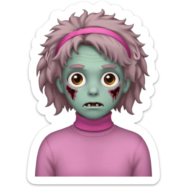 brown fluffy haired grey zombie with pink turtleneck sweater and hair band sticker