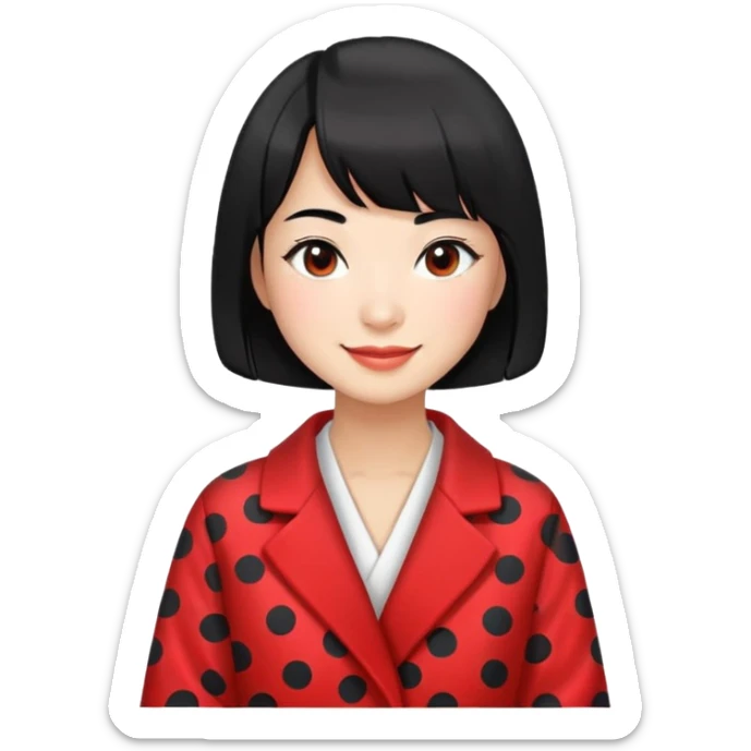 girl with black bob-cut hair, black and red dotted coat, Chinese appearance, smiling, masseuse look sticker