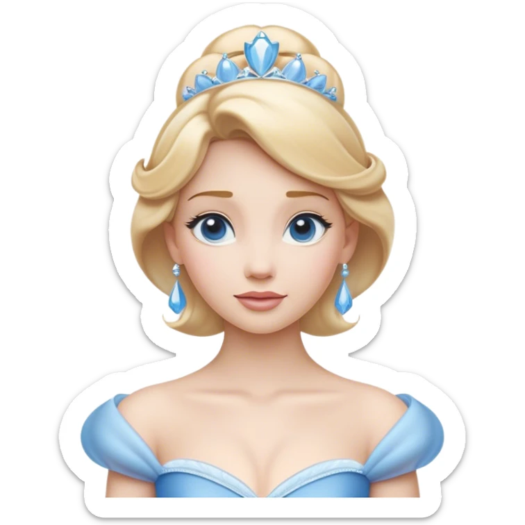 Cinematic Elegant Cinderella Portrait Emoji, rendered in a cinematic, vector-style with minimal shading and bold, simplified shapes. Depict Cinderella in her classic ball gown (chest and above) with fair, porcelain skin and elegantly styled blonde hair, her eyes soft and kind, and her expression serene and graceful. The design glows with a gentle, enchanting radiance and high shine, capturing the timeless beauty of a fairy tale princess. sticker