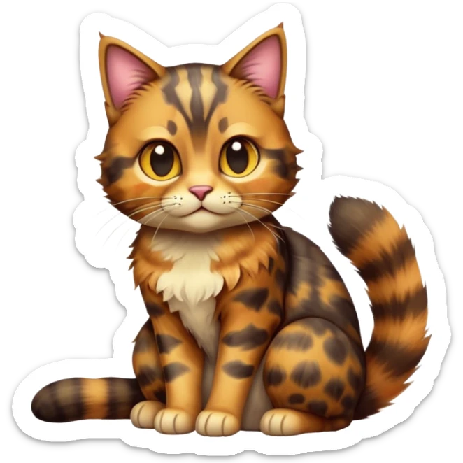 cinematic-[tortoiseshell tabby cat]-realistic-full-body-sitting-emoji,-tail-curled-playfully-around-its-paws,-head-tilted-dramatically,-scruffy-[tortoiseshell coloured]-fur,-simplified-yet-realistic-focused-features,-highly-detailed,-glowing-with-an-almost-sarcastic-glow sticker