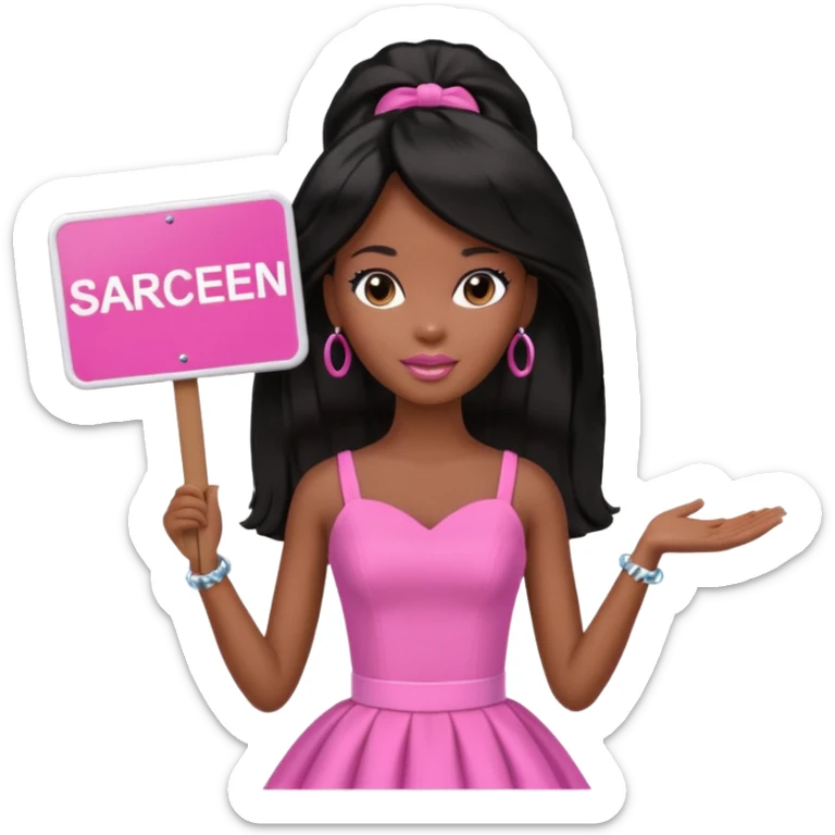 Black barbie, long black  hair, pink dress holding sign, that says "tap screen" sticker