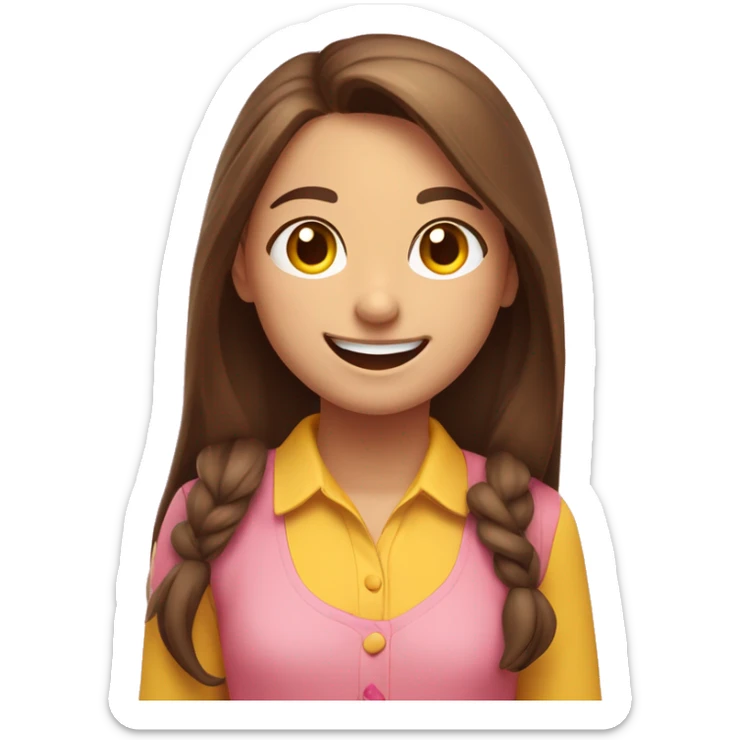 A happy animated girl with long brown hair and a yellow-collared shirt joyfully smiles alongside a cheerful emoji on a pink background. sticker