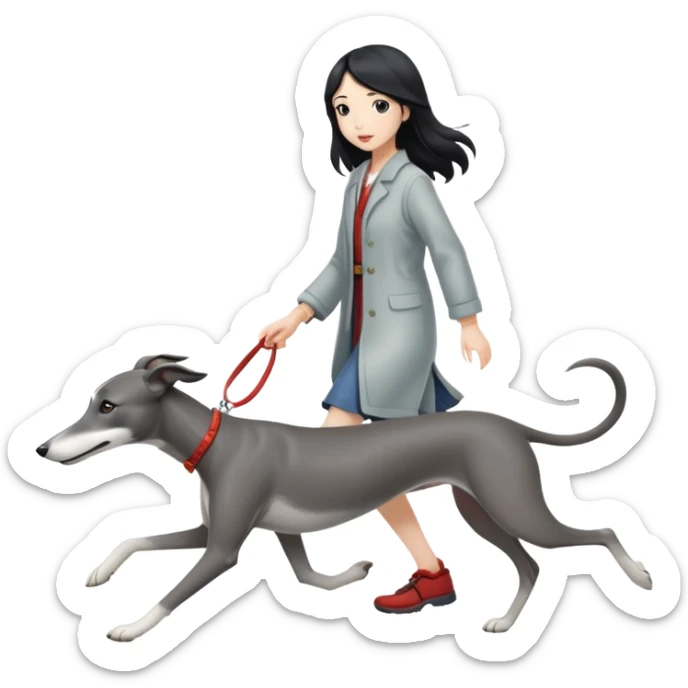 Japanese girl with flowing hair walking a grey greyhound sticker