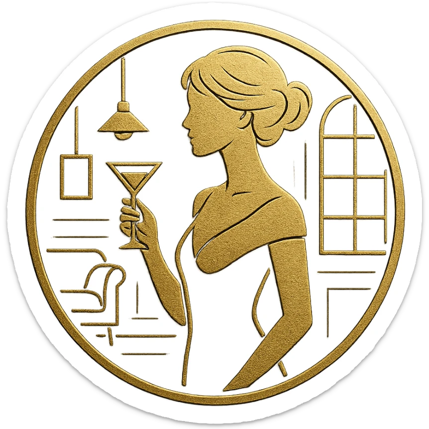 high-end circular logo with a golden silhouette of a woman holding a martini glass, set against a black background with stylish interior elements. Vector-style, clean lines, embossed metallic effect sticker