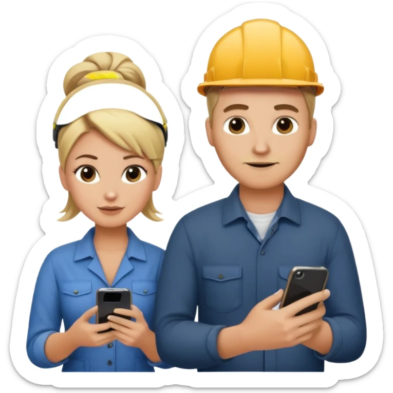 White male construction electrician and pretty darker blond office hair stylist with a bun hoding phone sticker