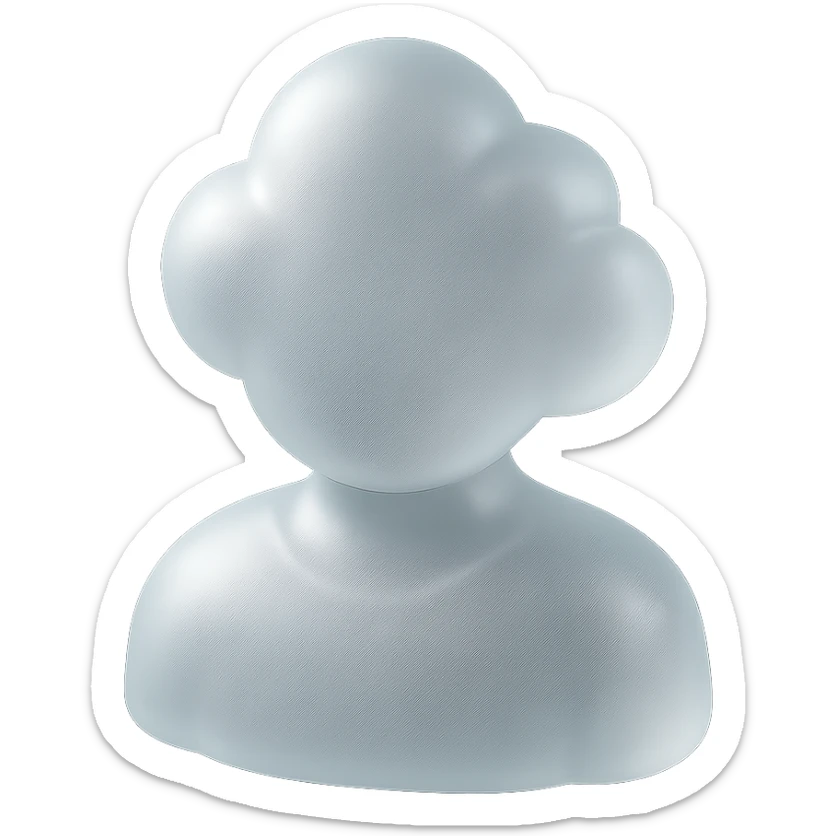front view, person shoulders up, body and head made of white convex clouds, matte glass style sticker
