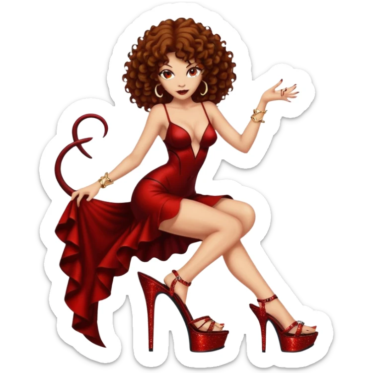 Lilith symbol seductress evil brown curly haired sexy succubus woman with clear glittery platform heels  sticker