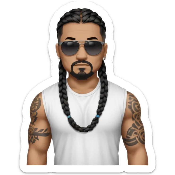 Samoan male. Chin goatee.
Unticked loose fitting white t-shirt. 
long black braided hair.
very muscular.
More tattoos. 
Tough and menacing.
Dark black sunglasses. sticker