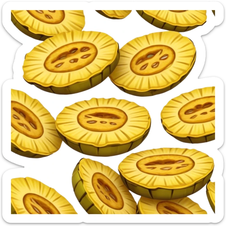 Cinematic Realistic Patacones Dish Emoji, depicted as twice-fried plantain slices with a crispy exterior rendered with detailed textures and dynamic, inviting lighting. sticker
