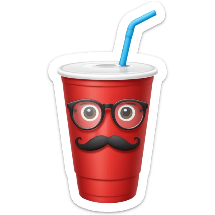 paper red cup and white straw, the cup has eyes and mouth and glassess and mustache sticker
