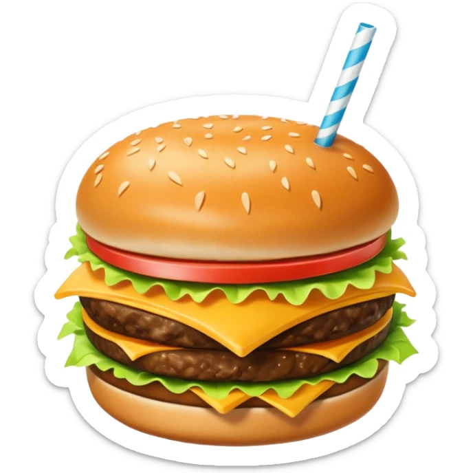 i want a Cheeseburger and Fries with a angle to 15–20° gentle bird’s-eye angle with a cold drink with ice cube with straw with some fries thicker like McDonald's french fries sticker