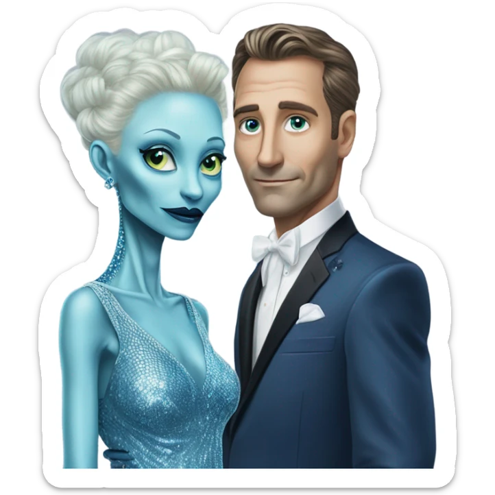 reptilian alien woman, in long slim pastel blue formal party satin dress with gradient shiny sparkling navy blue diamonds embroidered , and caucasian man in black dress sticker