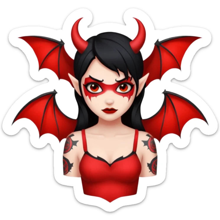Demon girl: red skin, black hair, small horns, bat wing; tattoo-flash comic style; red/black palette; bold outlines; dark background; no text. sticker