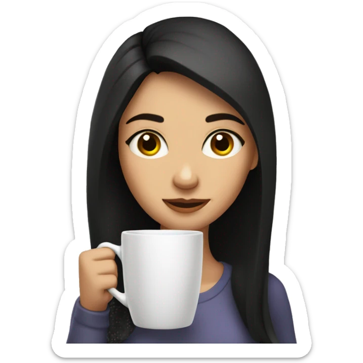 a girl with fair skin and dark hair drinks a large mug of coffee sticker