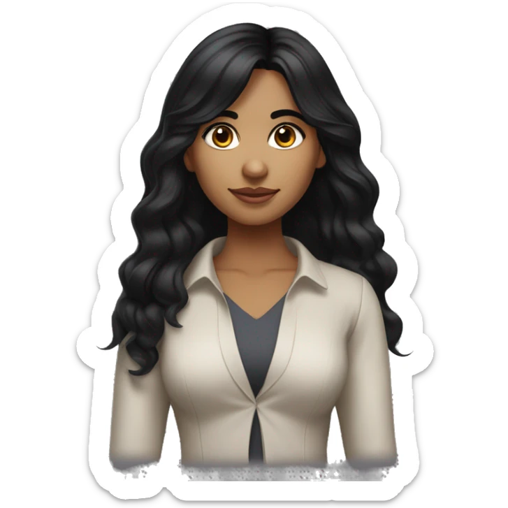 Indian girl with shoulder length wavy black hair and wispy bang with dark brow eyes wearing a modern outfit. sticker