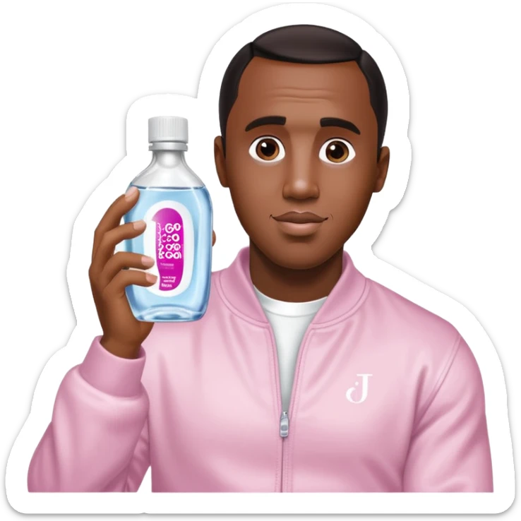 A realistic product shot of a transparent bottle of Johnson’s Baby Oil by Johnson & Johnson, featuring a soft pink label. The oil inside is crystal clear and glossy. Sean "Diddy" Combs is holding the bottle sticker