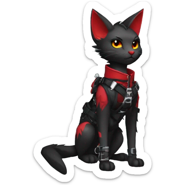 Anthro cool edgy elegant pretty black punk techwear red fantasy nargacuga-bat-cat-Fakemon collar harness warrior full body sticker