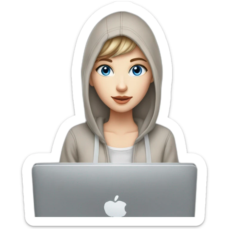 beautiful girl with computer,blue eyes,beautiful girl with short hair with computer,blue eyes,white skin, makeup, hoodie,short light-brown hair,code in background sticker