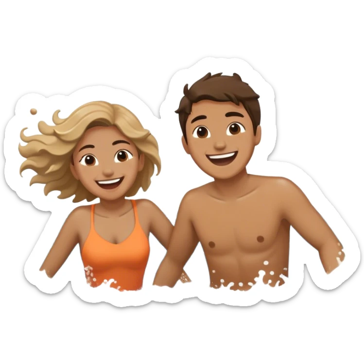 A person splashing water at their friend in the ocean, both laughing as the waves roll around them. The sun shines warmly above, capturing the joy of creating fun, embracing connection, and appreciating the moment with someone who makes life feel lighter.  sticker