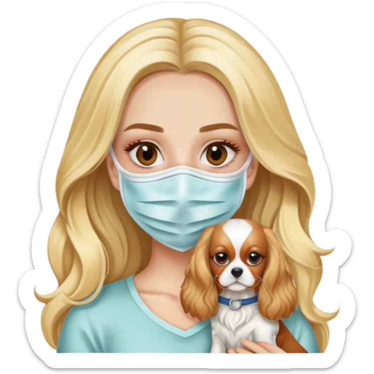 Very pretty blonde bombshell girl with long hair wearing a face mask on her skin and holding a Blenheim cavalier sticker