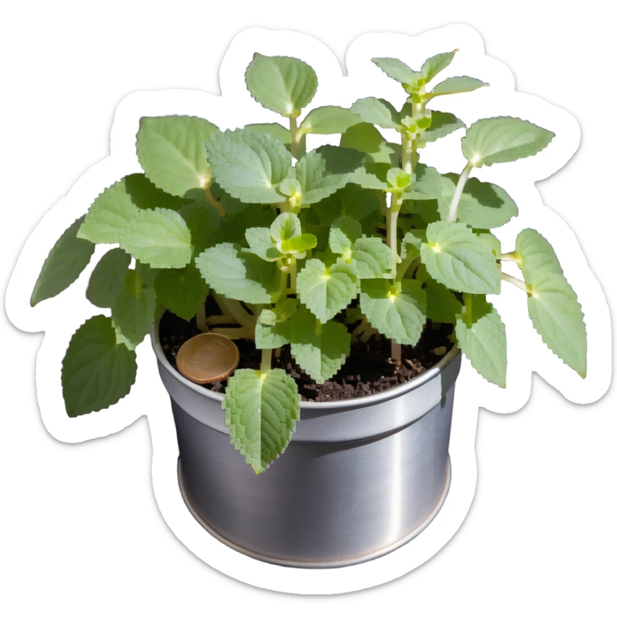 Young sprouts of Plectranthus Verticillatus with perfectly circular coin-shaped leaves in a silver metallic pot sticker