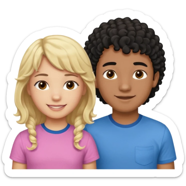 Menino de pele morena de olho castanho meio preto e cabelo cacheados ralo e blusa azul e menina loira de cabelos longos e franja na testa sorrindo com blusa rosa sticker