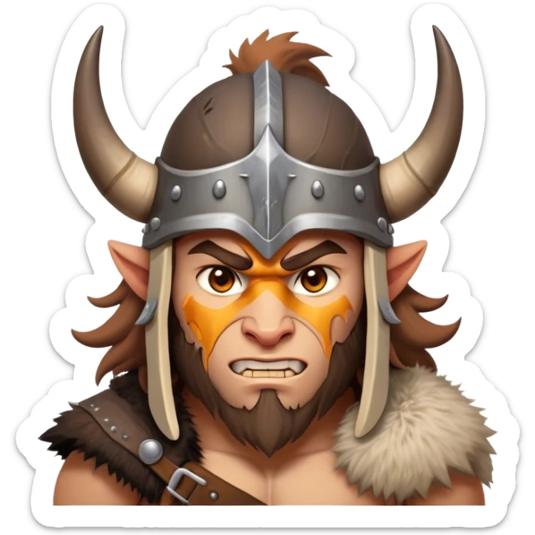 Clash of Clans aesthetic: Cinematic Fierce Barbarian Portrait Emoji, Poised and bold with a rugged yet cartoonish build in tattered furs and a horned helmet, his face rendered in a natural skin tone (not yellow), expressive bright eyes and a confident smirk, Simplified yet dynamic features, highly detailed, glowing with a vivid, adventurous aura, high shine, heroic and spirited, stylized with an air of medieval warrior charm, focused and energetic, soft glowing outline, capturing the essence of a fearless barbarian adventurer ready to lead his clan with spirited valor! sticker