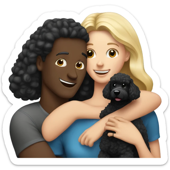 European blond mom, european dad with dark hair and European blond daughter hug black poodle sticker