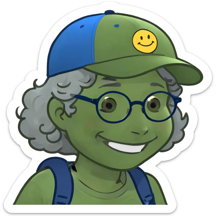 a female, yellow faced emoji, simple style, big smile, winking, blue ball cap on backwards, cartoon, curly grey hair, no eye color, glasses sticker