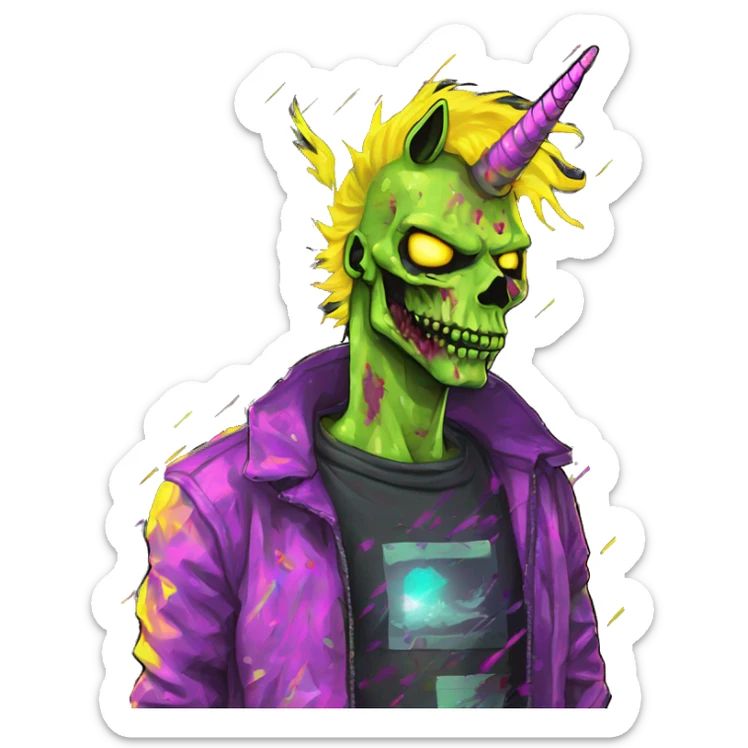Pixel art of Zombie Vaporwave black holographic oilslick zombie unicorn yellow caution tape sticker