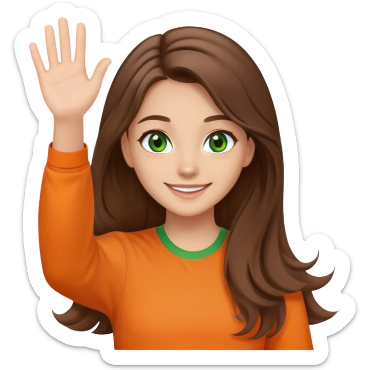 smiling girl with brown hair, long hair, middle hair split, waving, green eyes, orange shirt sticker