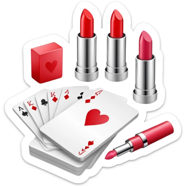 emoji of playing cards with illustrations of lipstick, serum and hand cream on them
 sticker