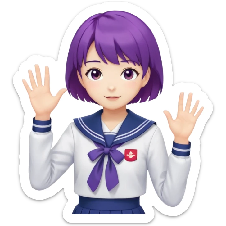 Anime girl with short bright purple hair wearing Japanese sailor style school uniform, composed posture with hand on hip but shyly waving with other hand, blushing face and timid smile sticker