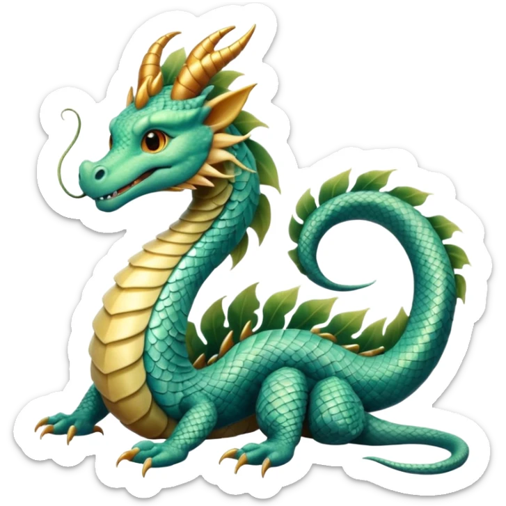  serpent dragon. Slim, serpentine body with smooth scales in soft blues and greens. Fluffy leaf plumes replace the tail fins, and a terracotta crown-like crest adorns its head. Gentle amber eyes. sticker